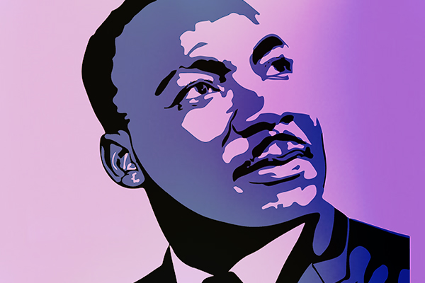 Purple graphic depicting the face of Dr. Martin Luther King, Jr.