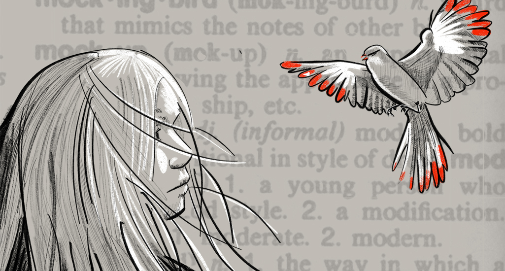 Black and white sketch of a girl and a bird with red tips on its wings