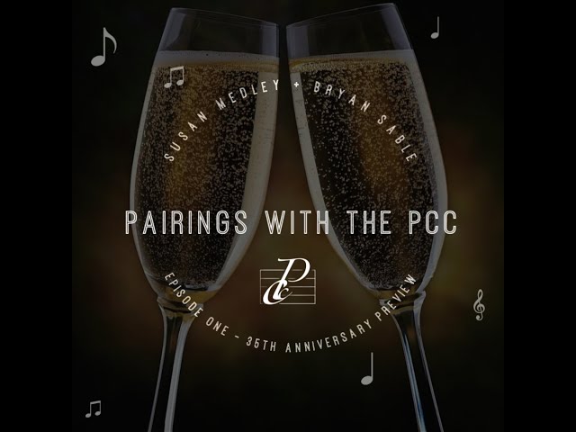 Pairings With the PCC image of clinking champagne glasses surrounded by music notes.