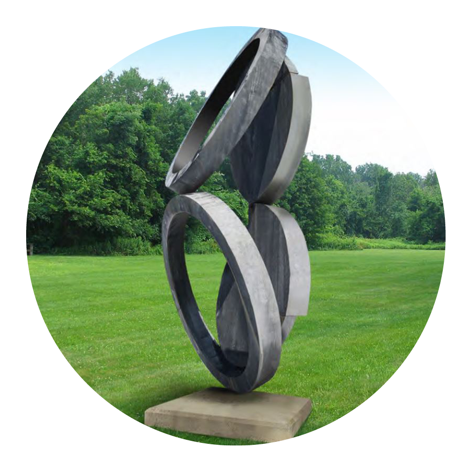 Sculpture of large, tilting rings in Hartwood Acres Park