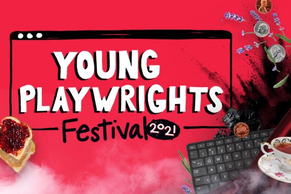 Red background with white and black text: Young Playwrights Festival 2021; a keyboard and various props around the border.