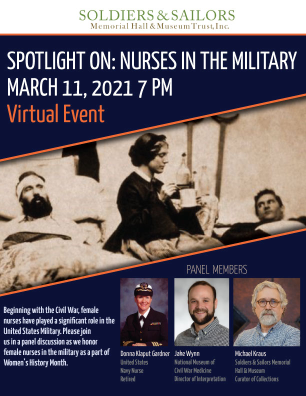 Navy blue, white, and orange informational flyer. Spotlight on: Nurses In The Military