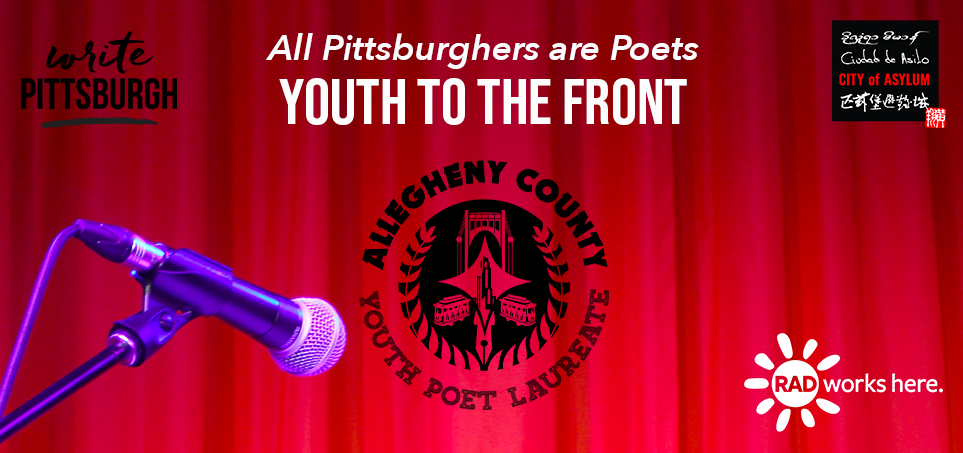 Picture of stand up microphone in front of red curtain. White lettering that reads All Pittsburghers are Poets.