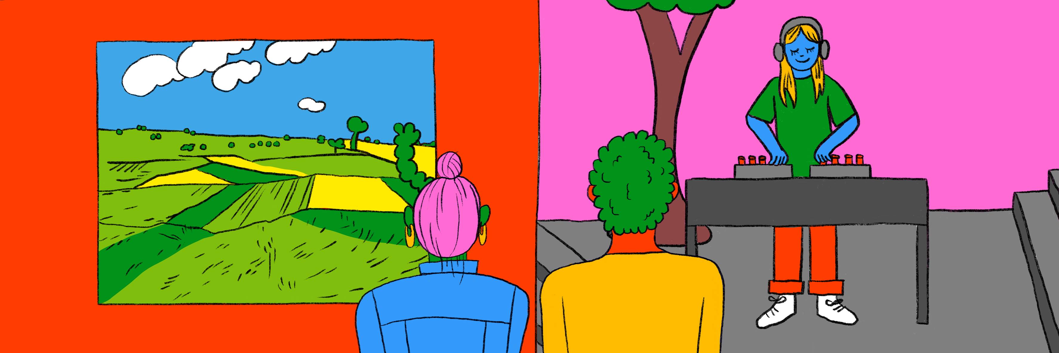 Bold, colorful graphic drawing of two people enjoying art and music in an outdoor setting.