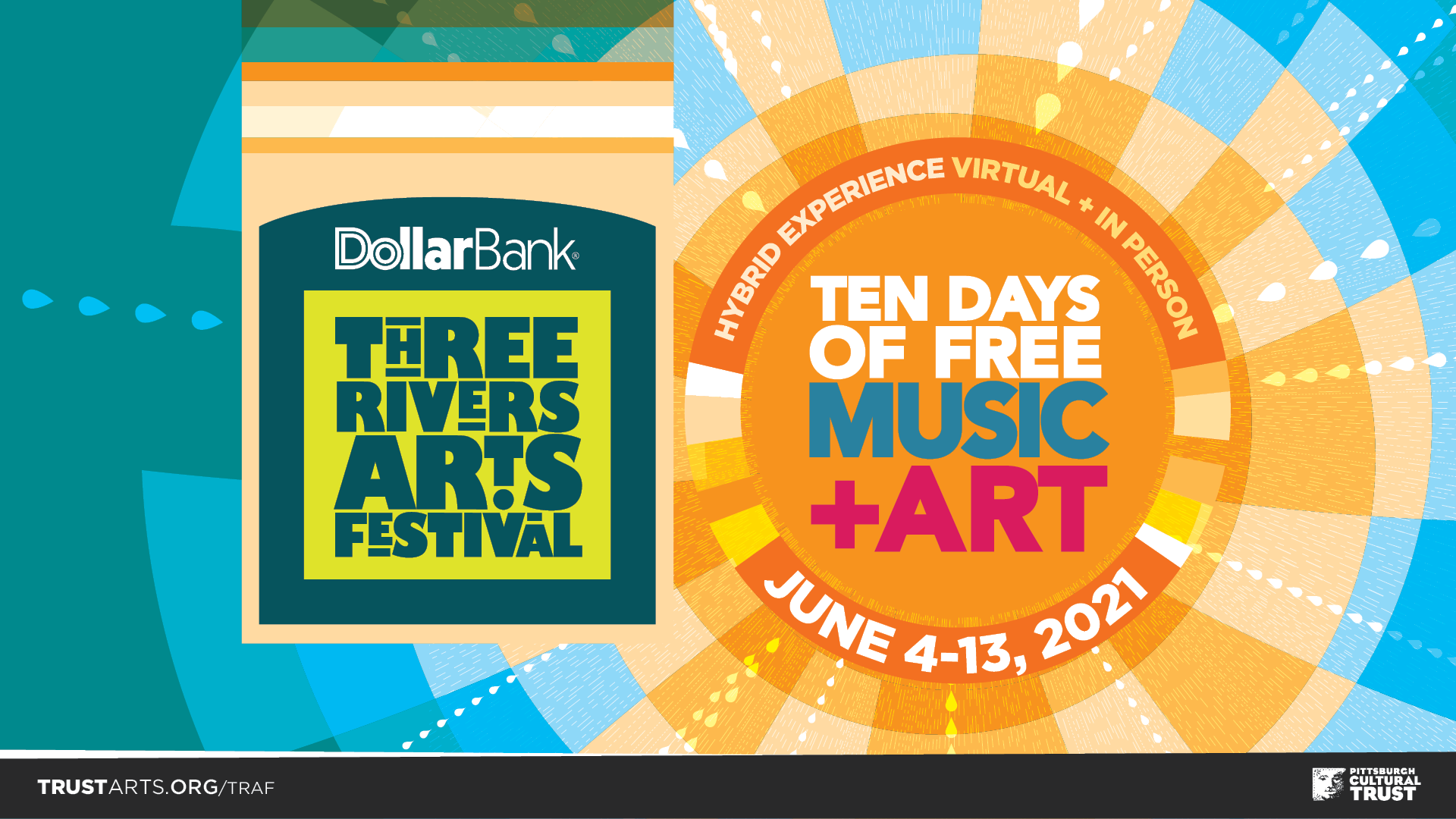 Colorful background with Dollar Bank Three Rivers Arts Festival logo on the left and text on the right that reads: Hybrid Experience, Virtual + In-Person, Ten Days of Free Music + Art, June 4-13, 2021