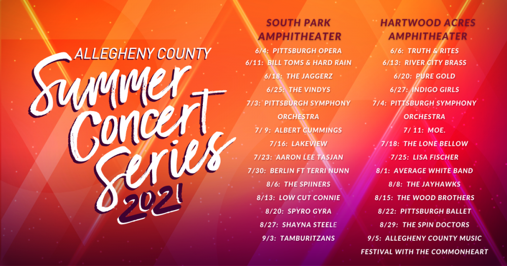 Bright pink and orange background with white text: Allegheny County Summer Concert Series 2021 and a list of the scheduled performers.