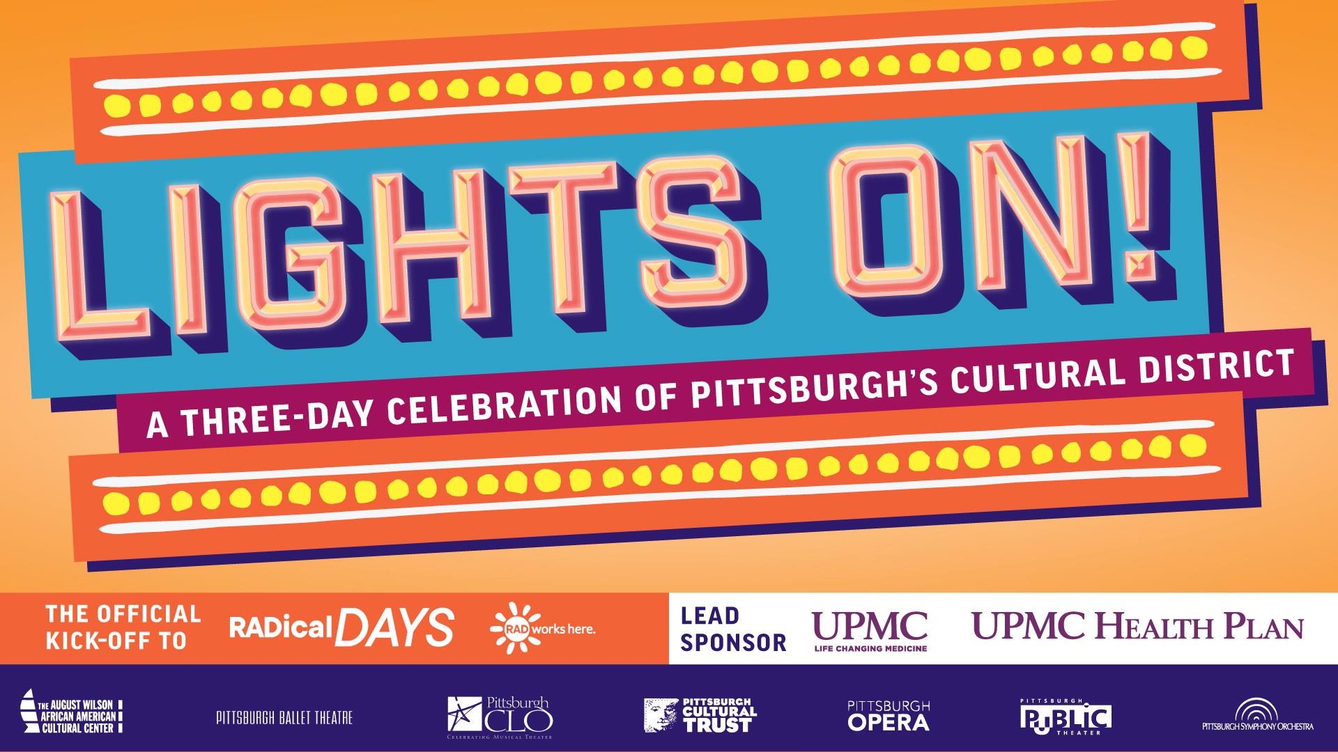 Blue, orange, and magenta flyer that reads Lights on!