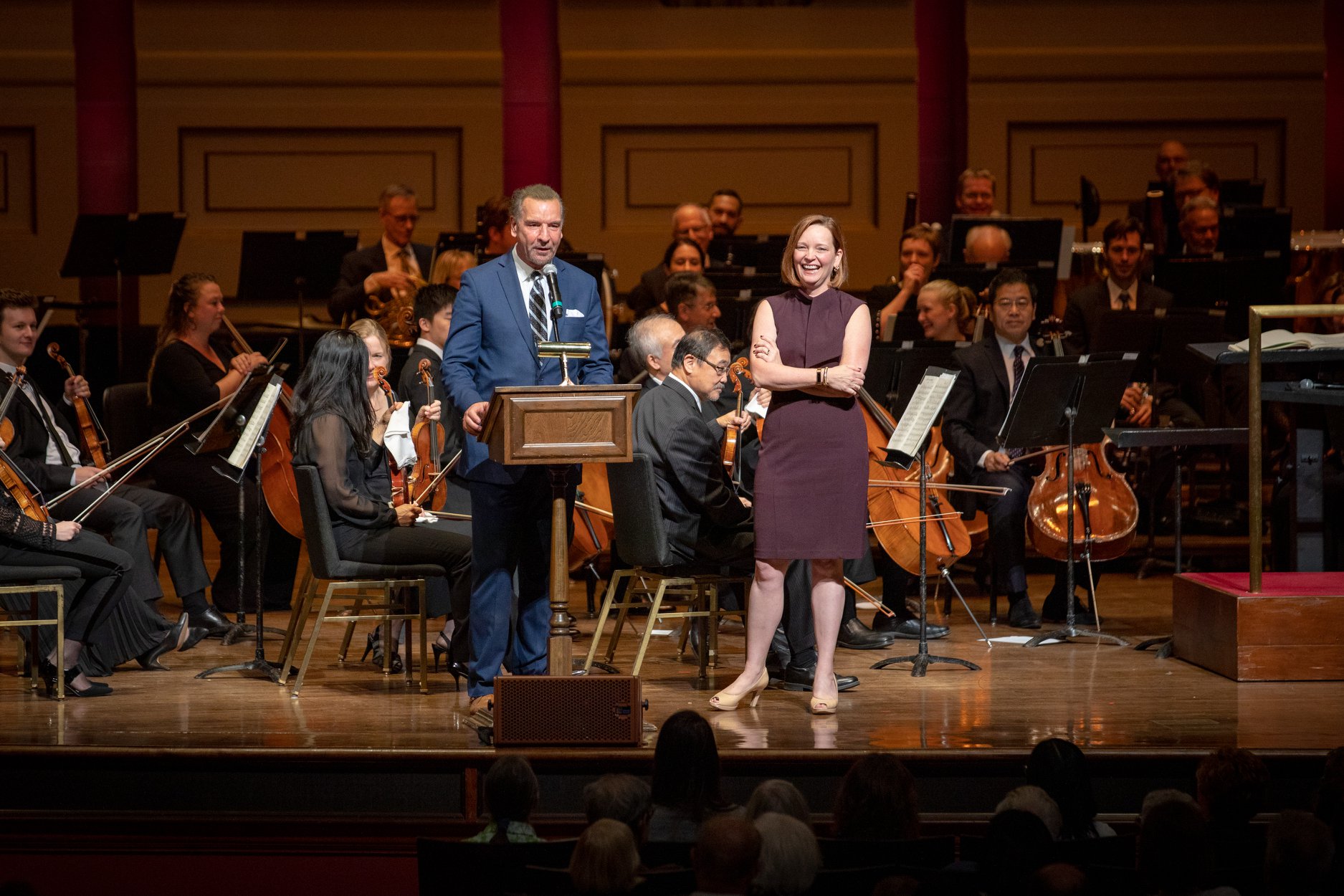 Dan Griffin and Melia Tourangeau on stage with the Pittsburgh Symphony Orchestra in Heinz Hall