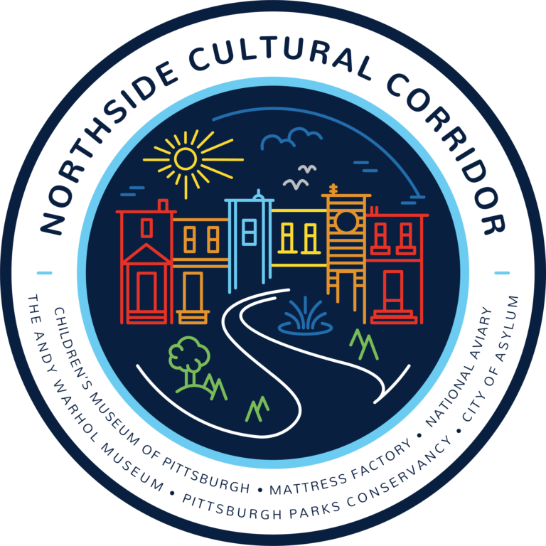 Circular graphic with colorful line drawings of Pittsburgh's Northside with text around the top that reads: Northside Cultural Corridor