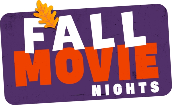 Purple background with a golden leaf, and white and read text reading: Fall Movie Nights