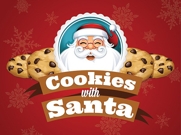 Red background with chocolate chip cookies and a picture of Santa, white text reads: Cookies with Santa