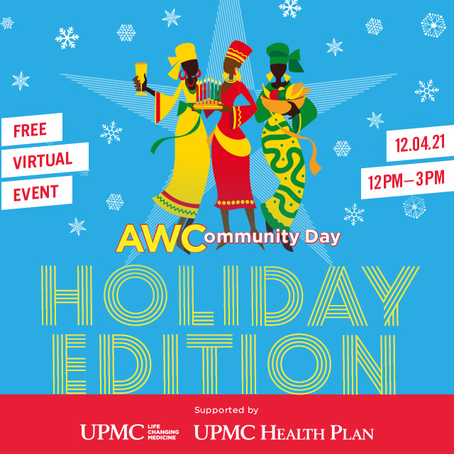 Blue background with graphics of snowflakes and three women dressed in yellow, red, and green, holding a cup, Kwanzaa candles, and basket of food. Yellow text: AWCommunity Day Holiday Edition
