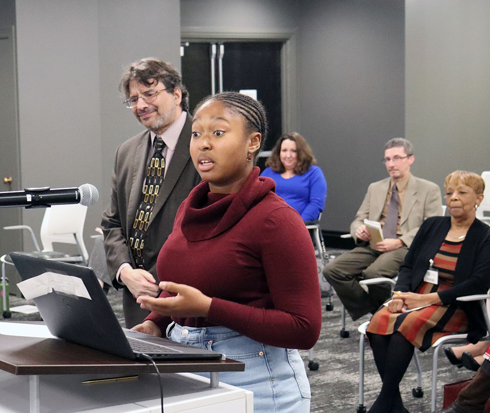 Montour student Camille Howard speaks at a podium