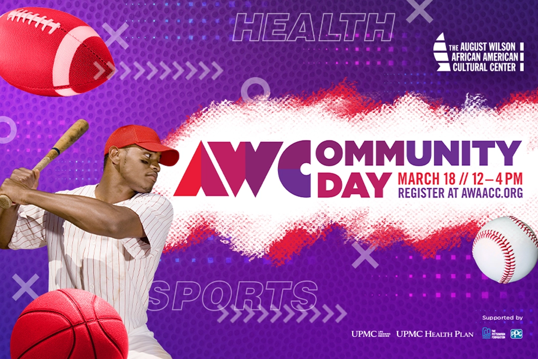 Image of a baseball player, a basketball and a football with the title AWCommunity Day - March 18 - 12-4 PM Register at AWAACC.org