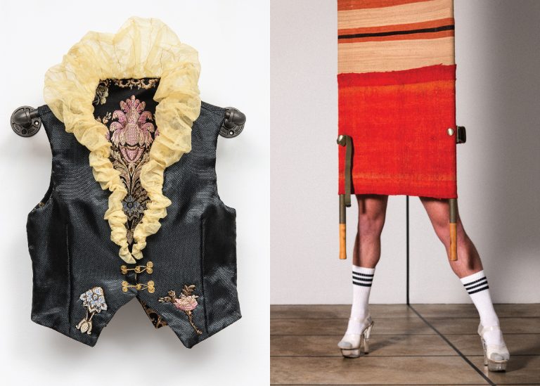 Image of a crafted jacket with frills and a board with legs behind it