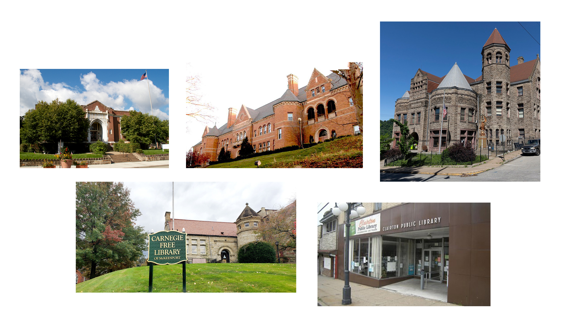 Exterior images of Braddock, McKeesport, Clairton, Homestead and Swissvale libraries