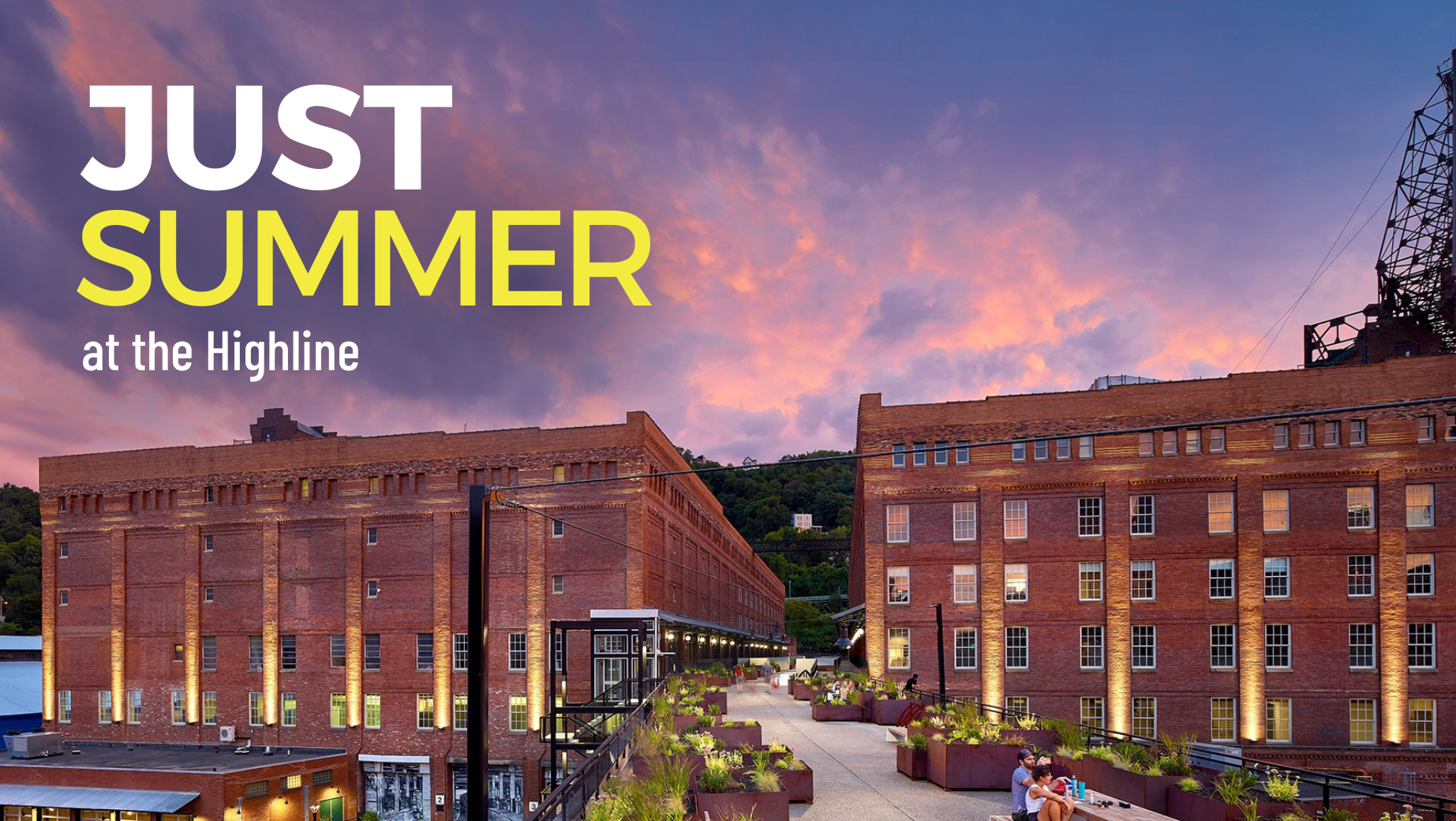 Title: Just Summer at the Highline above a sunset photograph of The Highline, an elevated walkway between two repurposed factories.