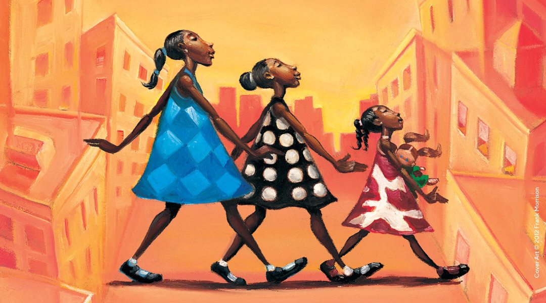 Illustration of A Funny Thing About Memory, showing a side view of three Black girls crossing a street