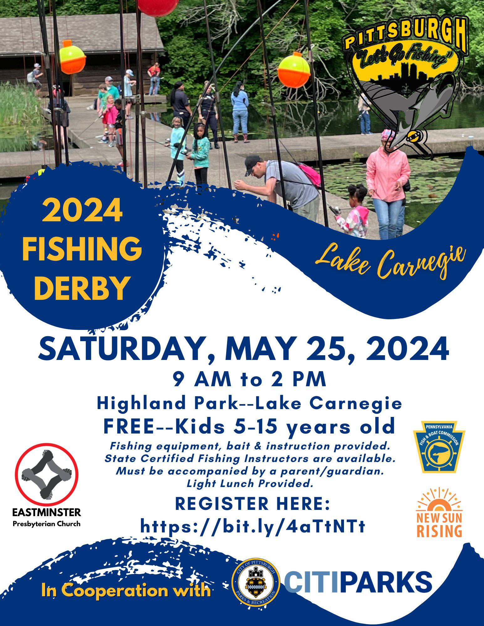 2024 Fishing Derby - Saturday, May 25, 2024 - 9 AM to 2 PM - Highland Park - Lake Carnegie - FREE - Kids 5-15 years old - Fishing equipment, bait & instruction provided. State certified fishing instructors are available. Must be accompanied by a parent/guardian. Light lunch provided.