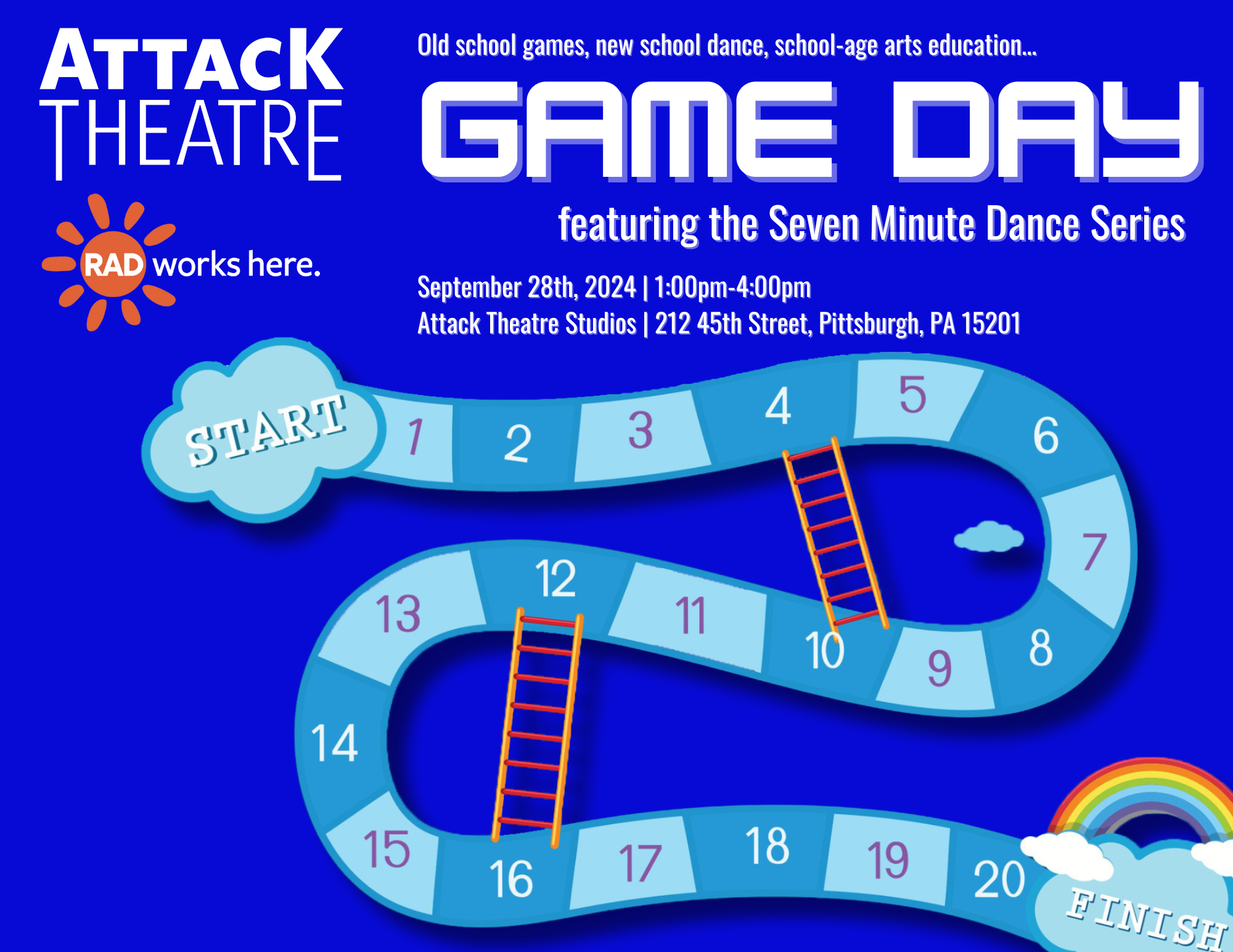 Old school games, new school dance, school-age arts education... Game Day featuring the Seven Minute Dance Series - September 28th, 2024 | 1:00pm-4:00pm | Attack Theatre Studios | 212 45th Street, Pittsburgh, PA 15201