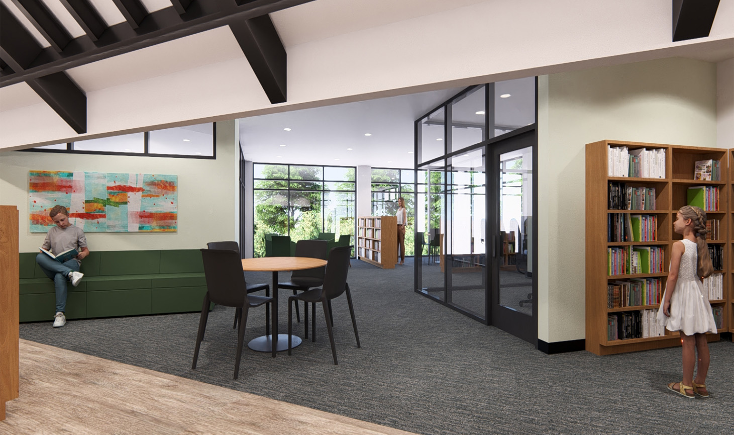Rendering of a man sitting in a renovated library reading a book, while a girl looks at the bookshelves