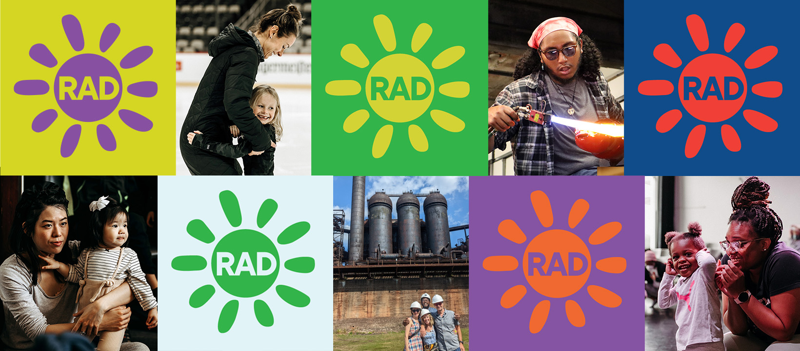 Image shows a collage of RAD logos with families participating in RAD activities, from dancing, to touring the Carrie Furnaces, to seeing glasswork