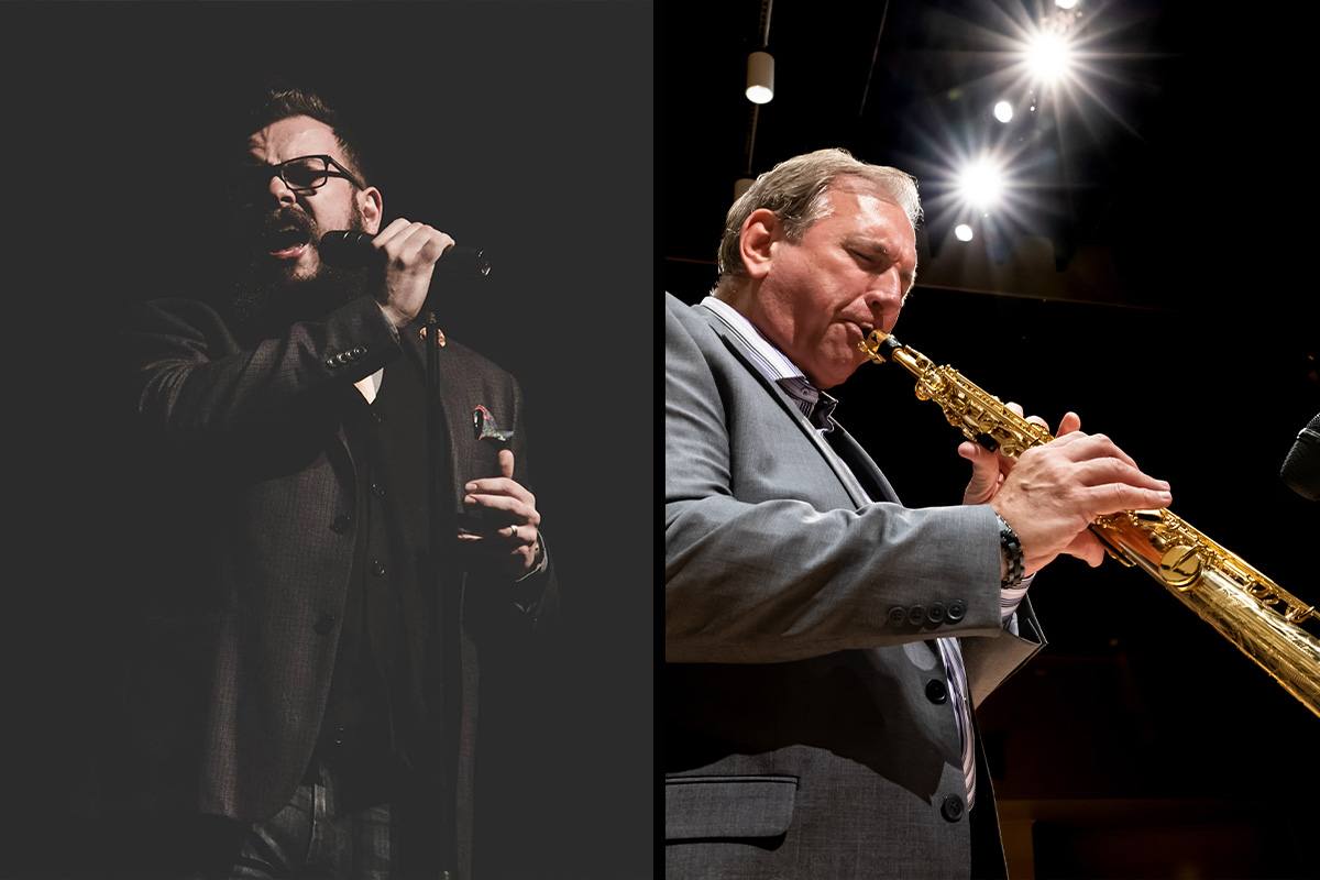 Photographs of Adam Brock singing and Mike Tomaro playing a woodwind instrument