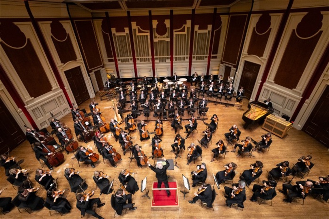 Overhead view of the stage as the Pittsburgh Symphony Orchestra performs at Heinz Hall