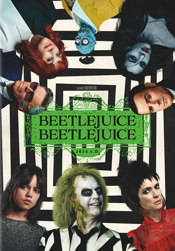 Movie poster for Beetlejuice Beetlejuice with eight cast members in front of a black and white pattern