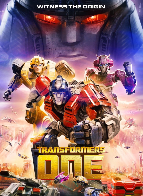 Movie poster for Transformers One, showing the various colorful Transformers characters and the tagline Witness The Origin