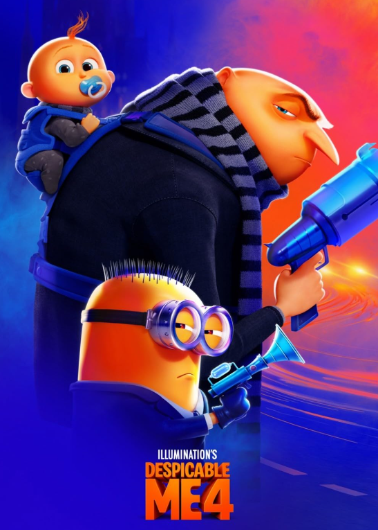 Movie poster for Despicable Me 4 with a side view of characters Gru, his baby, and a minion