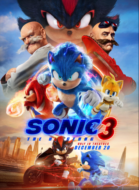 Movie poster for Sonic The Hedgehog 3 with the characters Sonic, Tails, Shadow, Knuckles and more