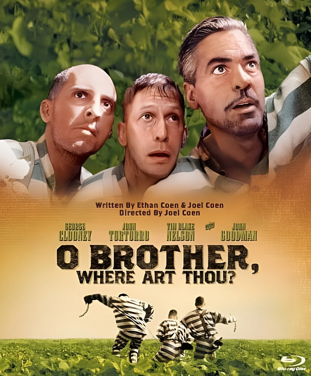 Movie poster for O Brother, Where Art Thou? with George Clooney, John Turturro, and Tim Blake Nelson running through a field in black and white prison uniforms