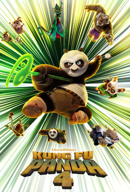 Movie poster for Kung Fu Panda 4 with the animal characters Zhen, The Chameleon, Master Shifu, Mr. Ping and others surrounding the giant panda Po