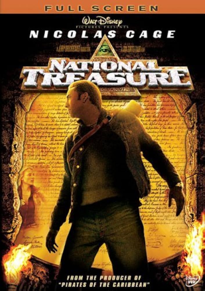 Movie poster for National Treasure with Nicholas Cage standing in front of the Declaration of Independence