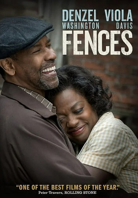Movie poster for Fences with Denzel Washington and Viola Davis embracing and smiling