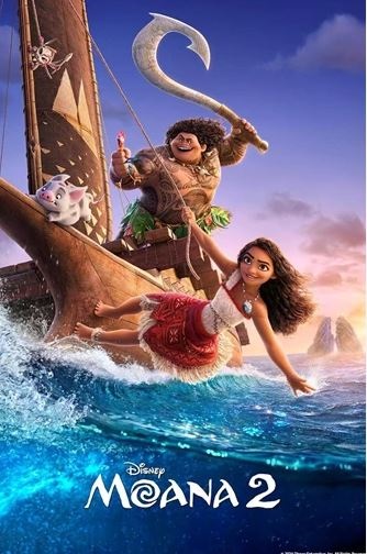 Moana and Maui on their boat, sailing the seas in a movie poster