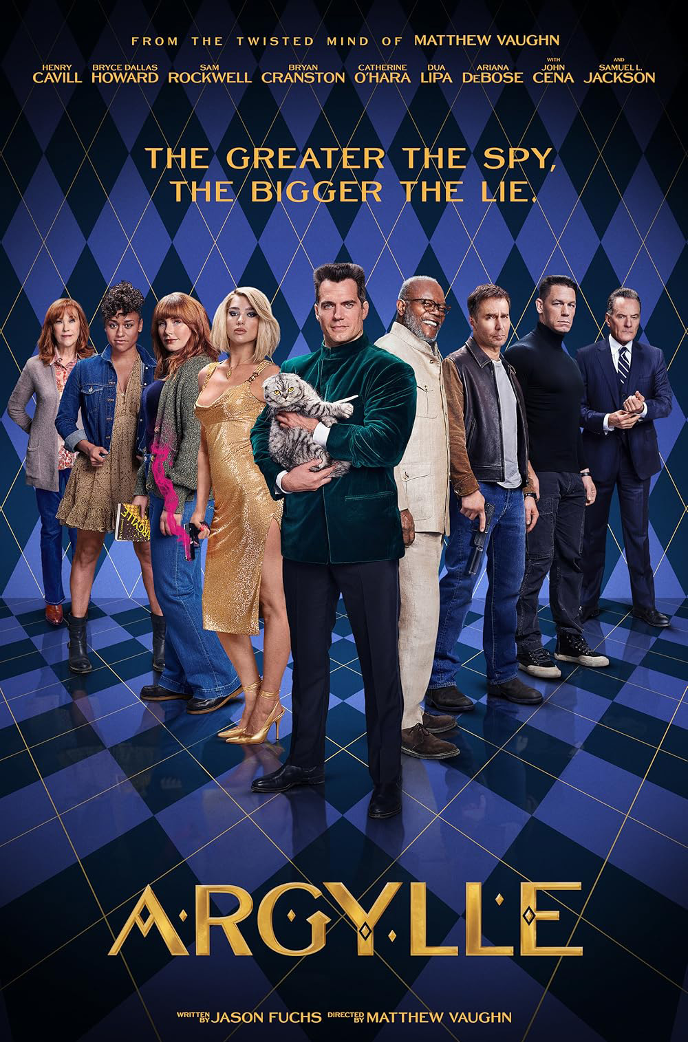 Movie poster for Argylle with nine people standing in front of a navy argyle pattern