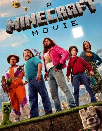 Movie poster for A Minecraft Movie with Jack Black, Jason Momoa, and three other cast members stand on ground tilting to the left