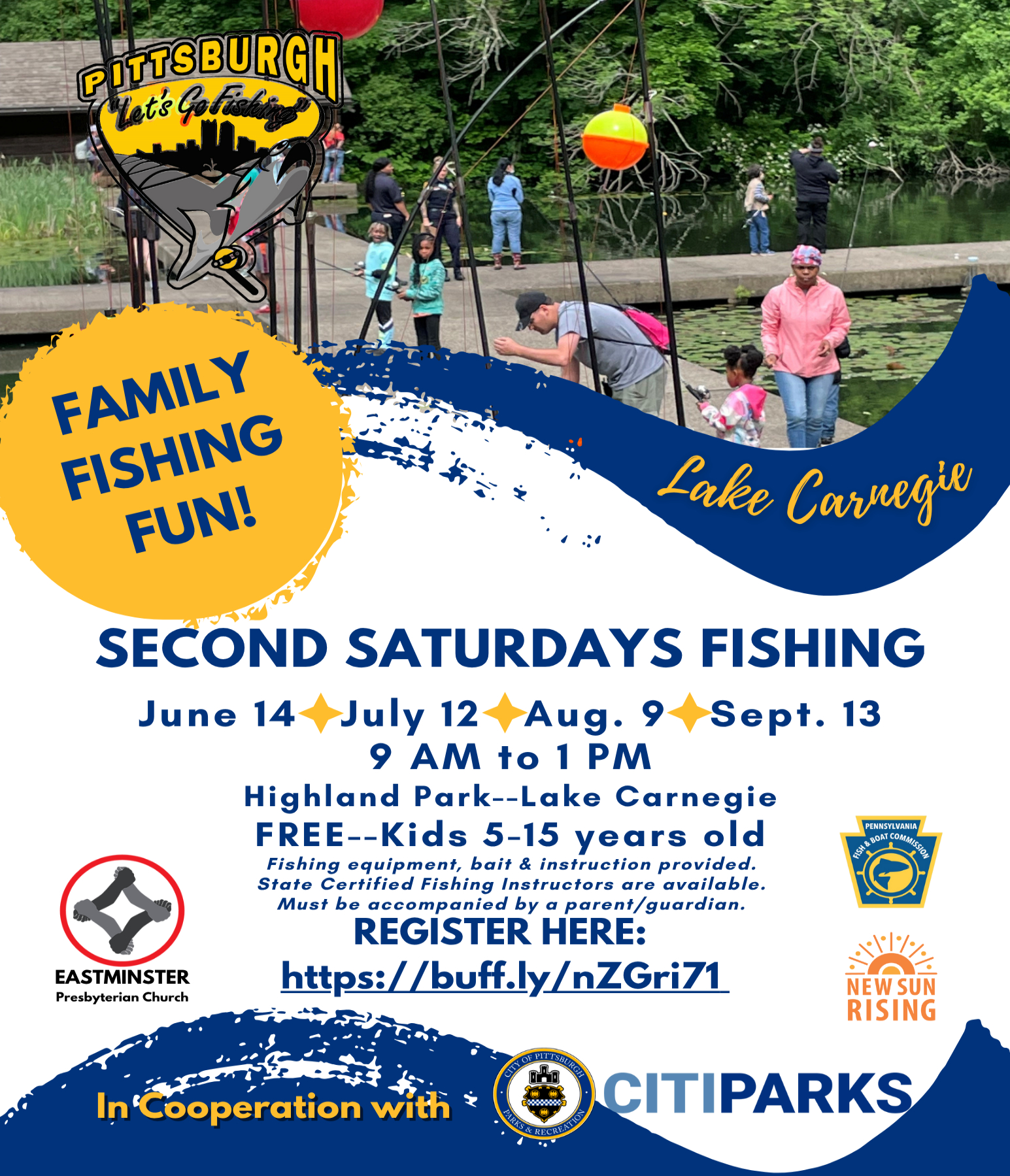 Family Fishing Fun - Lake Carnegie - Second Saturdays Fishing - June 14 - July 12 - Aug. 9 - Sept. 13 - 9 AM to 1 PM - Highland Park - Lake Carnegie - FREE -- Kids 5 - 15 years old -- Fishing equipment, bait and instruction provided. State certified fishing instructors are available. Must be accompanied by a parent/guardian