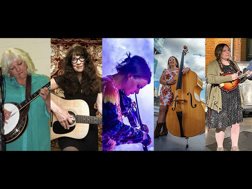Photo montage of the members of the Grass Gals with their string instruments