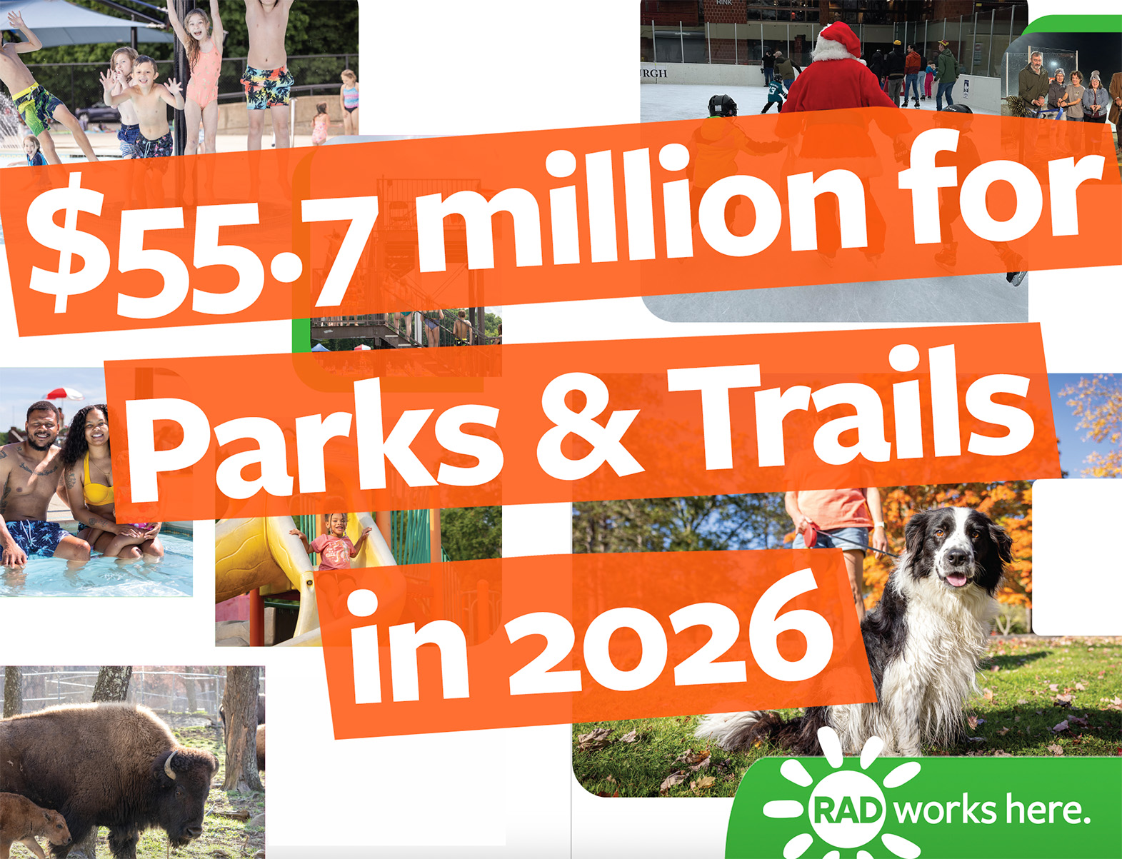 Image has text that says $55 million for Parks and trails in 2026 with a RAD works here logo and a background of kids, parents and animals in local parks