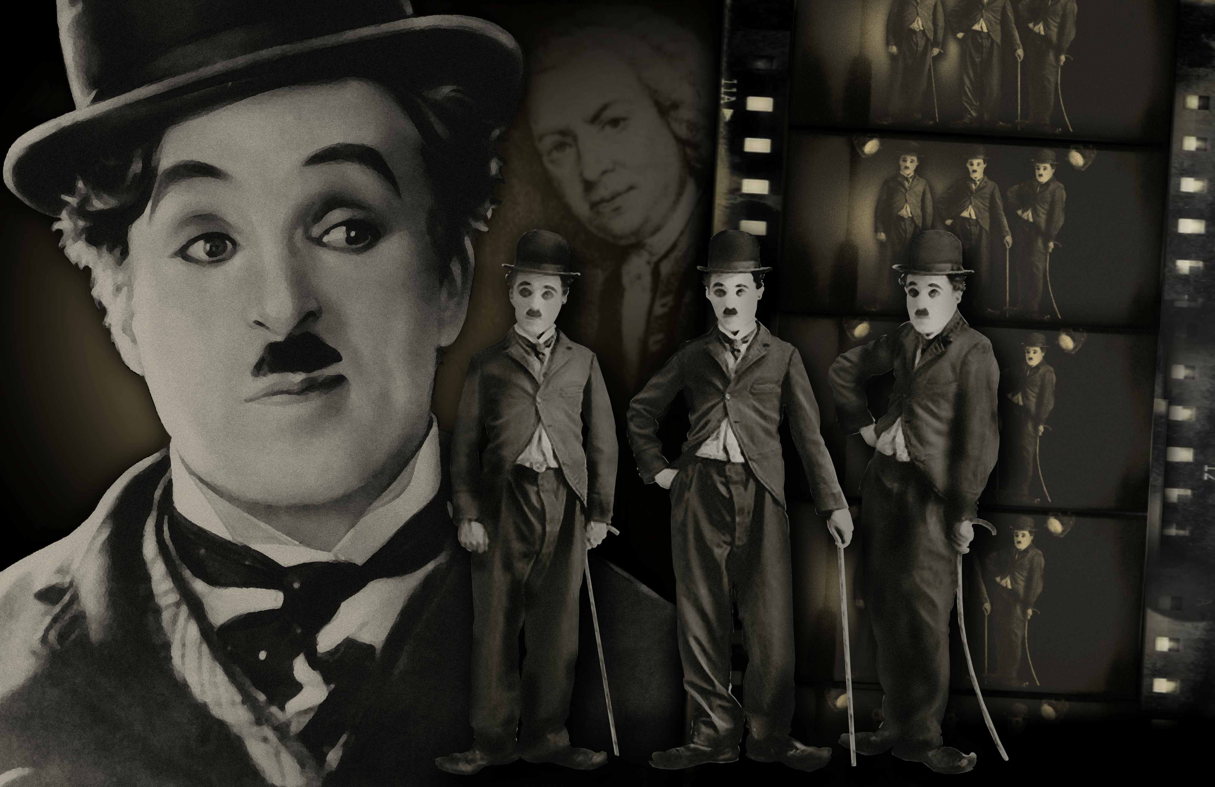 Several overlayed images of Charlie Chaplin - English actor, filmmaker, composer, and silent film icon.